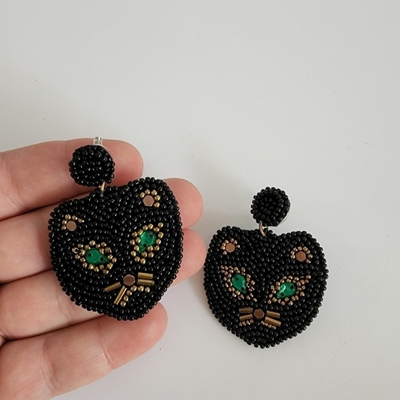 NEW Black Panther Cat Seed Beaded Dangle Earrings - Picture 6 of 8